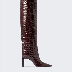 The Attico Coffee/Dark Red Croc-Embossed Over the Knee Boots